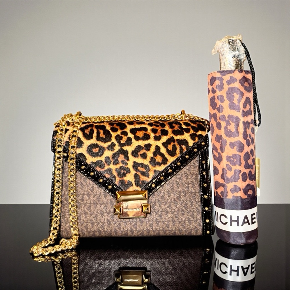Michael Kors Leopard Print Calf Hair Shoulder Bag with Matching Umbrella